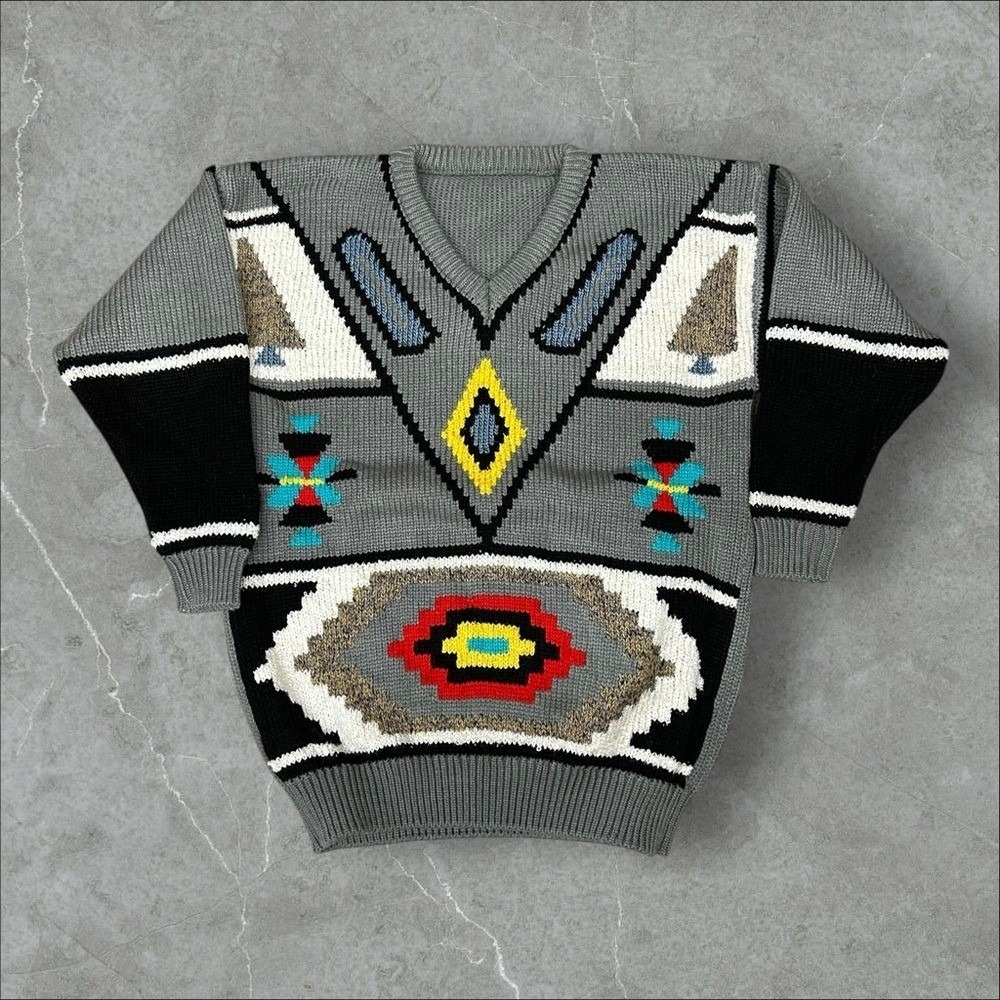 Vintage Sweater Men Medium Grey Knit Southwestern Navajo Geometric V Neck Chunky